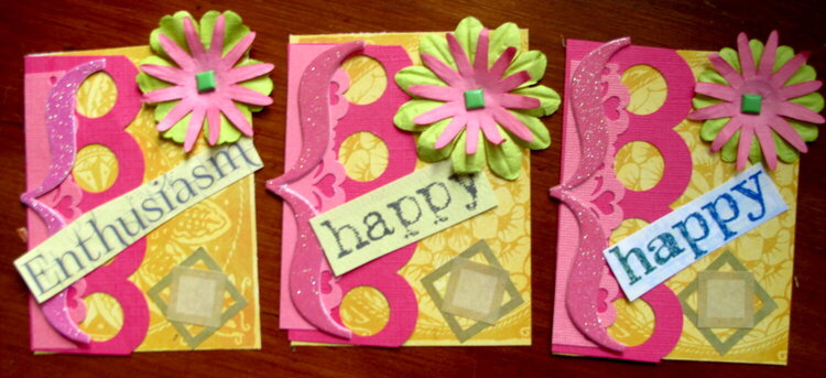 ATC trading cards -- pink, yellow and green