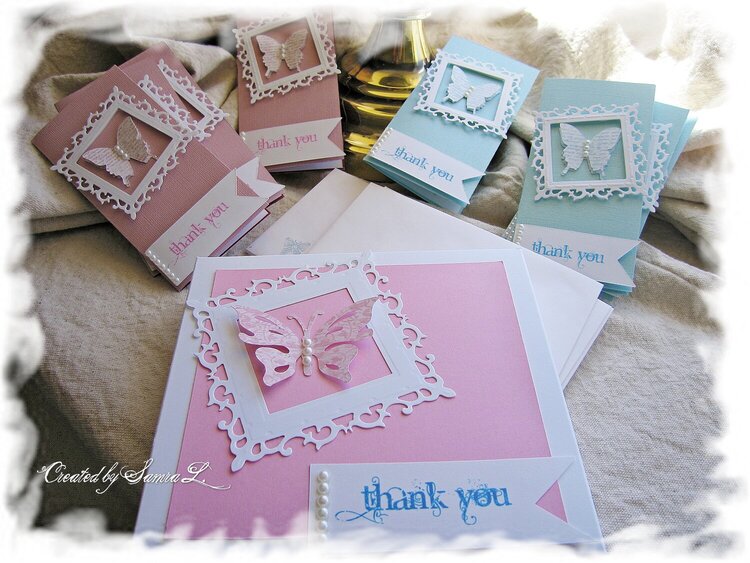 ELEGANT BUTTERFLY NOTE CARD SET-THANK YOU- SET OF 8 NOTECARDS WITH MATCHING ENVELOPE-PINK AND TURQUOISE