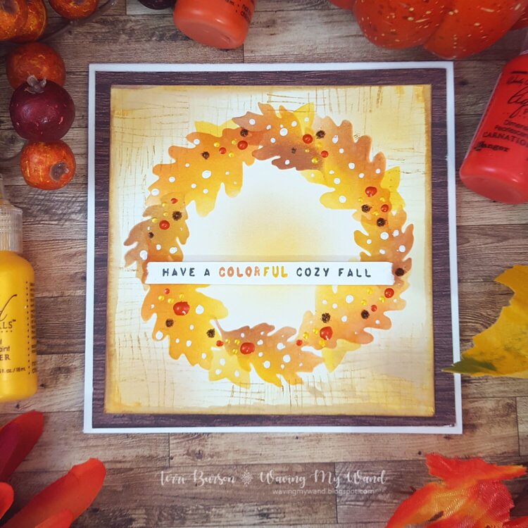 Stenciled Autumn Wreath card w/new Ranger products