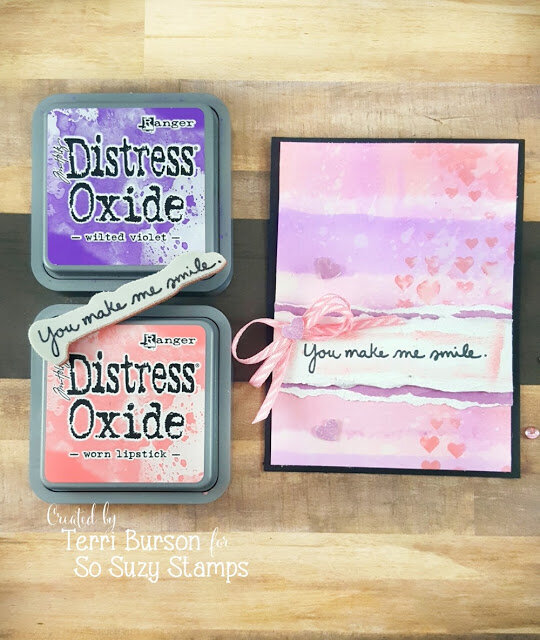 Distress Oxide Watercolored Card with Stenciling and Foam Hearts