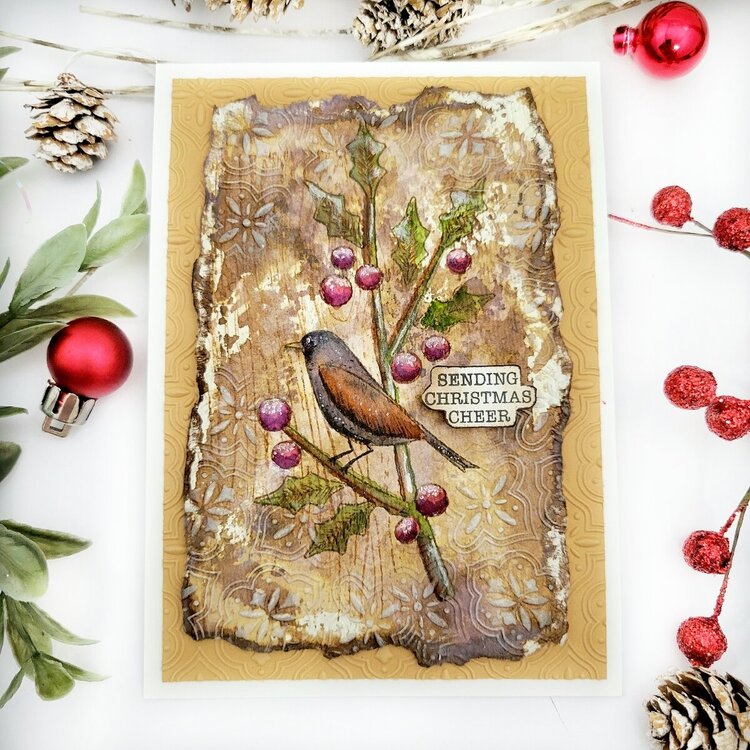 Watercolored &amp; Embossed Winter Bird Card for Spellbinders