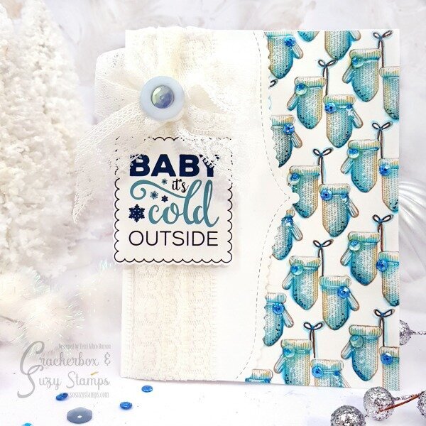 Wintry Card with Mitten Stamped &amp; Colored Background