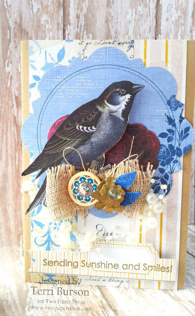 Bird card featuring Bo Bunny Rose Cafe and Two Paper Divas Stamps