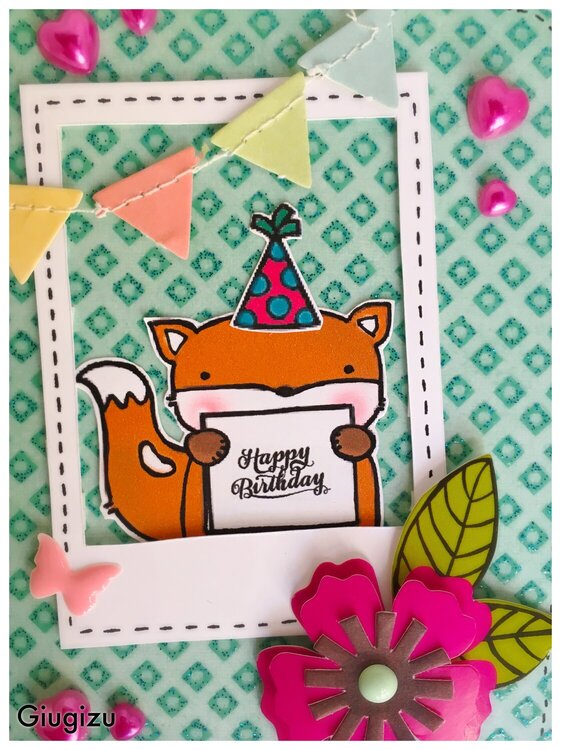 Fox in a polaroid handmade birthday card