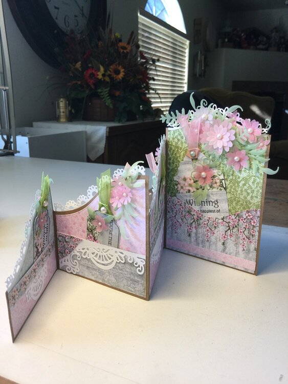 Pink vellum flower fold out card