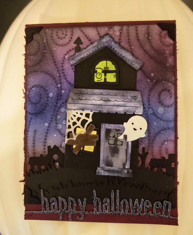 Spooky House Happy Halloween Card - view with lights on