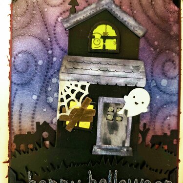 Spooky House Happy Halloween Card - view with lights on