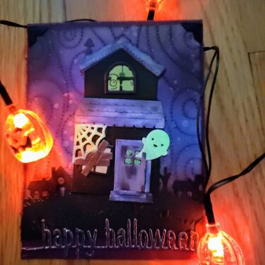 Spooky House Happy Halloween Card - view in the dark