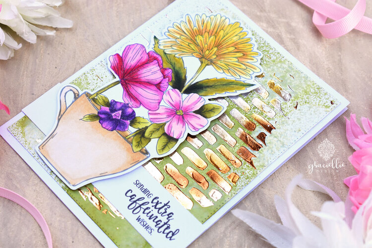 Coffee &amp; Flowers: Colored, Stenciled &amp; Foiled Handmade Card using Digital Stamps