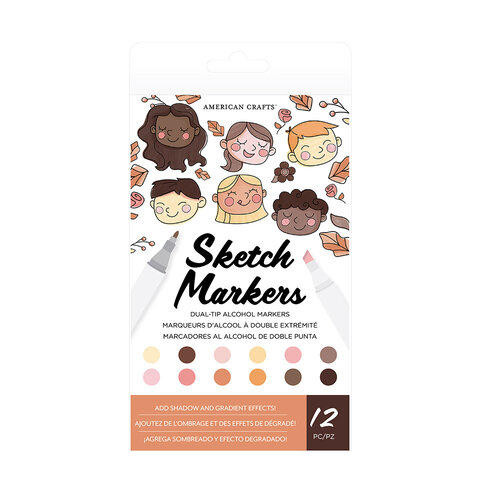 American Crafts - Sketch Markers Collection - Dual Tip - Chisel and Fine Point - Skin Tones 12 Pack