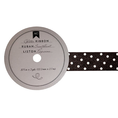 American Crafts - Glitter Ribbon - Black Polka Dot - 0.825 Inch - 3 Yards