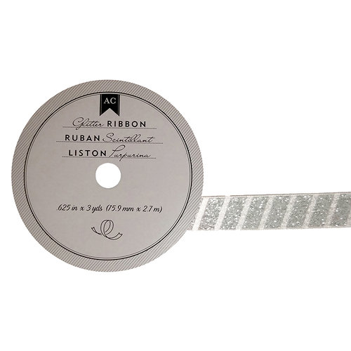 American Crafts - Glitter Ribbon - Silver Stripe - 0.625 Inch - 3 Yards