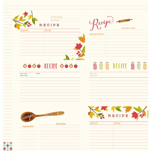 Pebbles - Harvest Collection - 12 x 12 Double Sided Paper - Recipe Cards
