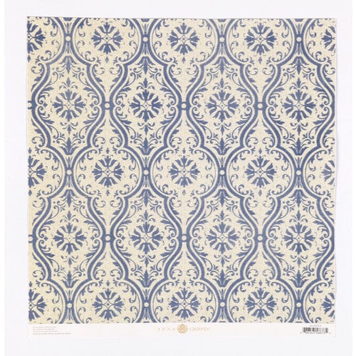 Anna Griffin - Fleur Rouge Collection - 12 x 12 Flocked Paper - Blue Damask