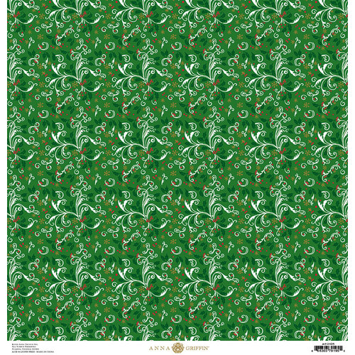 Anna Griffin - Christmas Collection - 12 x 12 Paper with Foil Finish - Green Holly Swirl