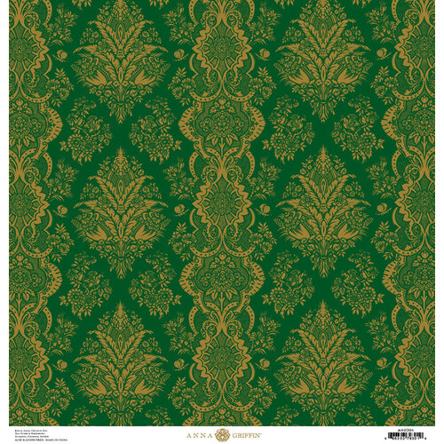 Anna Griffin - Christmas Damask Collection - 12 x 12 Paper - Green and Gold Holiday