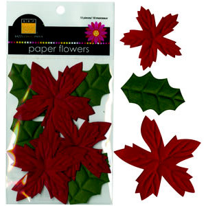 Bazzill Basics - Paper Flowers - Poinsettias and Holly Leaves - Red