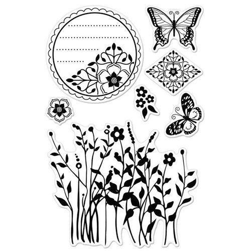 Hero Arts - BasicGrey - Indie Bloom Collection - Poly Clear - Clear Acrylic Stamps - Butterflies and Wildflowers