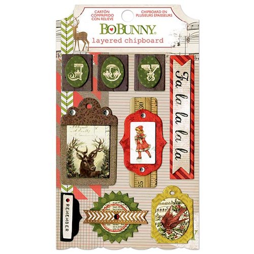 Bo Bunny - Christmas Collage Collection - Layered Chipboard Stickers with Glitter and Jewel Accents