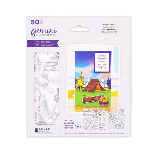 Crafter's Companion - Staycation Collection - Gemini - Die and Clear Acrylic Stamp Set - Happy Camper