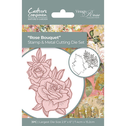 Crafter's Companion - Nature's Garden Vintage Rose Collection - Clear Acrylic Stamp and Die Set - Rose Bouquet