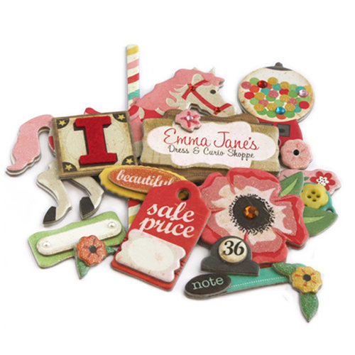 Crate Paper - Emma's Shoppe Collection - Layered Chipboard Stickers - Buttons Felt and Rhinestone Accents, CLEARANCE