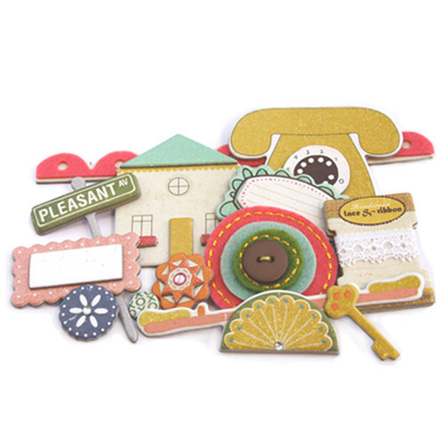 Crate Paper - Neighborhood Collection - Layered Chipboard - Buttons Felt and Rhinestone Accents