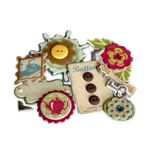 Crate Paper - Restoration Collection - Layered Chipboard Stickers - Buttons Felt and Rhinestone Accents
