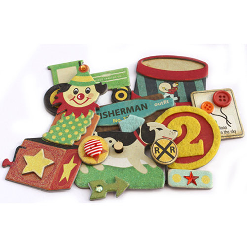 Crate Paper - Toy Box Collection - Layered Chipboard Stickers - Buttons Felt and Rhinestone Accents