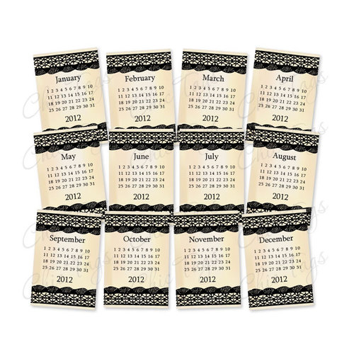 Chic Tags - Delightful Paper Tags - 2012 Lace Calendars - Black and White - Set of 12