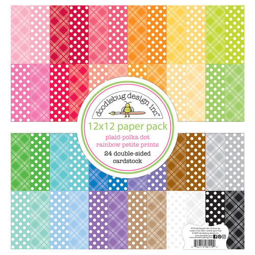 Doodlebug Design - Monochromatic Collection - 12 x 12 Paper Pad - Plaid and Polka Dot - Rainbow - Petite Print Assortment