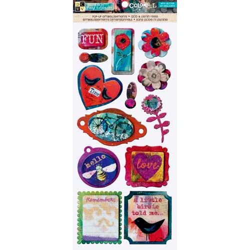 Die Cuts with a View - The Colorful Life Collection - 3 Dimensional Chipboard Stickers with Glitter Accents - Icons