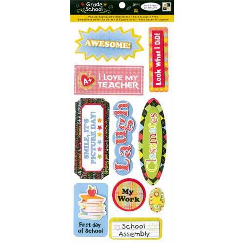 Die Cuts with a View - Grade School Collection - 3 Dimensional Cardstock Stickers with Glitter Accents - Words