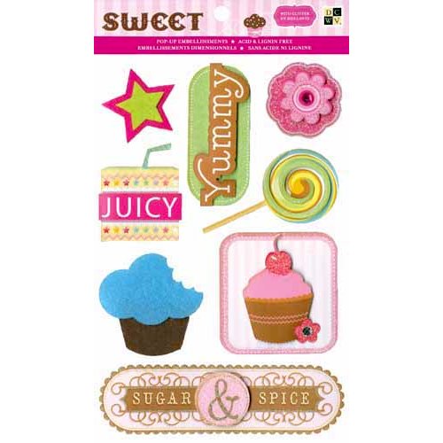 Die Cuts with a View - Sweet Collection - 3 Dimensional Cardstock Stickers with Glitter and Felt Accents - Icons