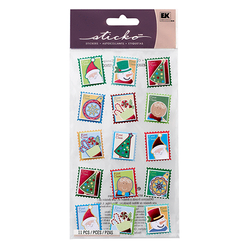 EK Success - Sticko Plus Stickers - 3 Dimensional Stickers with Foil Accents - Christmas Postage