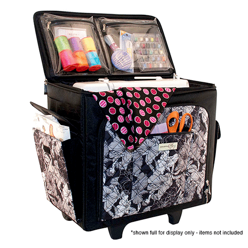 Everything Mary - Quilted Sewing Machine Rolling Tote - Black and White Floral