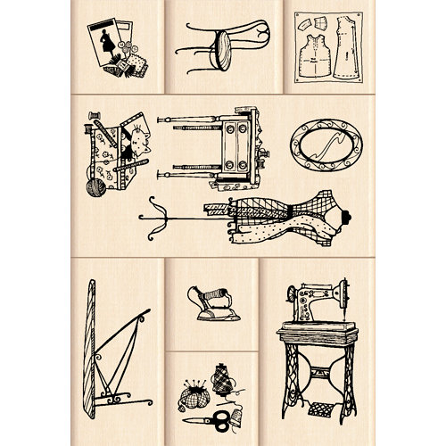 Inkadinkado - Layering Wood Scenes Collection - Wood Mounted Stamps - Sewing Room