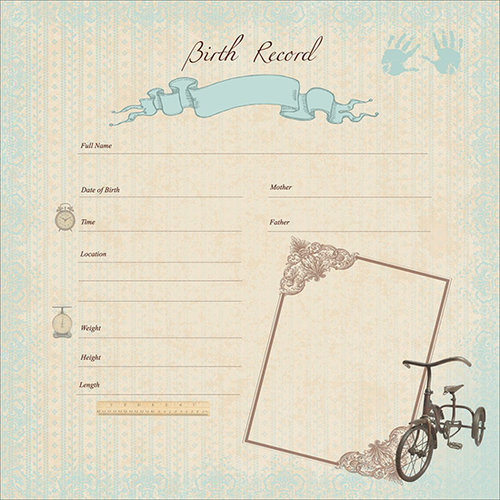 Kaisercraft - Pitter Patter Collection - 12 x 12 Paper with Glossy Accents - Birth Record Boy
