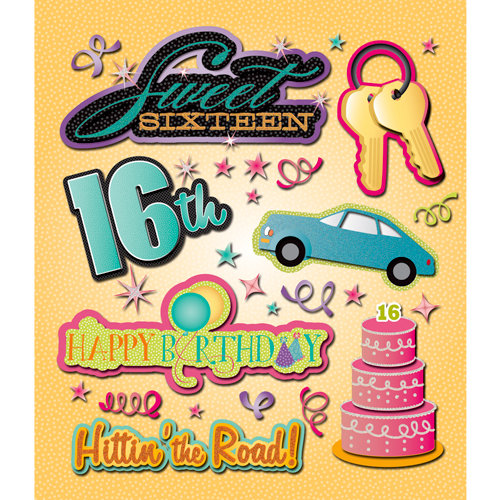 K and Company - Life's Little Occasions Collection - 3 Dimensional Stickers with Glitter Accents - Sweet Sixteen