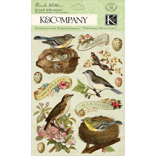 K and Company - Flora and Fauna Collection - Grand Adhesions with Foil and Gem Accents - Birds and Leaves