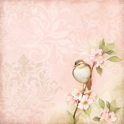 K and Company - Floral Collection - 12 x 12 Paper with Foil Accents - Bird on Pink