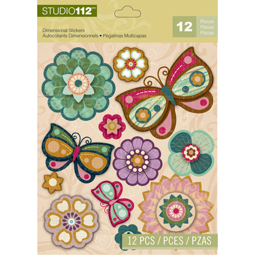 K and Company - Studio 112 Collection - 3 Dimensional Stickers with Glitter Accents - Flower & Butterfly