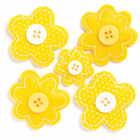 KI Memories - Puffies Collection - 3 Dimensional Fabric Stickers with Button Accents - Blooms - Yellow
