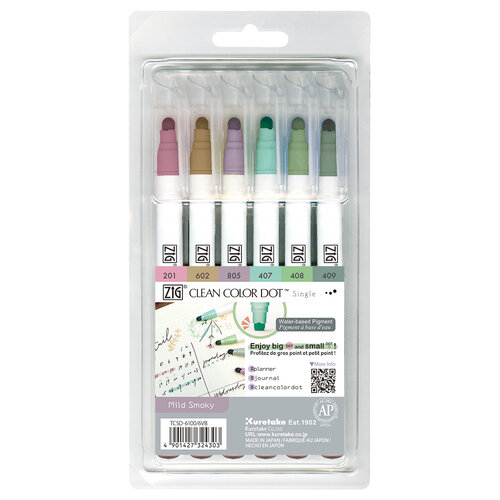 Kuretake - ZIG - Clean Color - Dot - 6 Color Set - Single Tip - Mild Smoky Colors