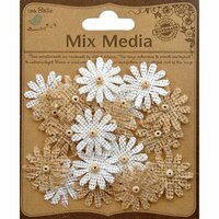 Little Birdie Crafts - Mix Media Collection - Burlap Mini Beaded Daisies - Natural and Cream