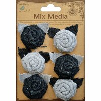 Little Birdie Crafts - Mix Media Collection - Burlap and Canvas Mini Roses with Leaves - Galvanized and Black