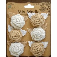 Little Birdie Crafts - Mix Media Collection - Burlap Mini Roses with Leaves - Natural and Cream