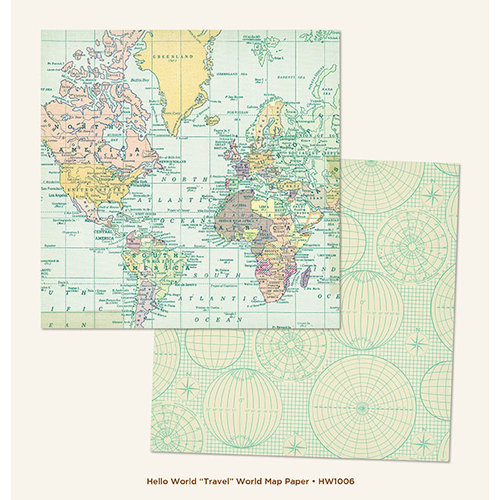 My Mind's Eye - Hello World Collection - Travel - 12 x 12 Double Sided Paper - World Map