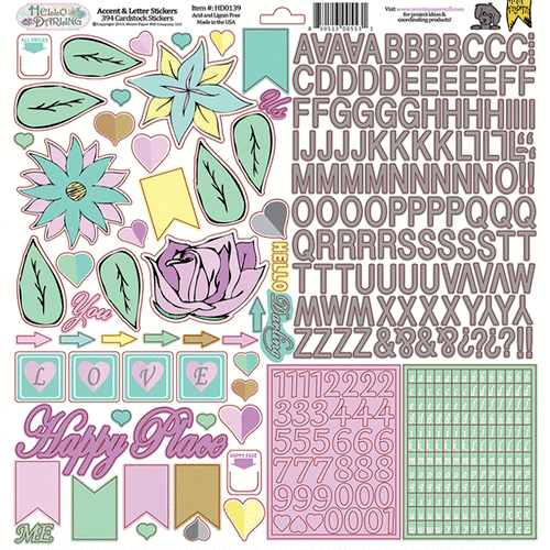Monte Paper Mill - Hello Darling - 12 x 12 Cardstock Stickers - Accents and Letters