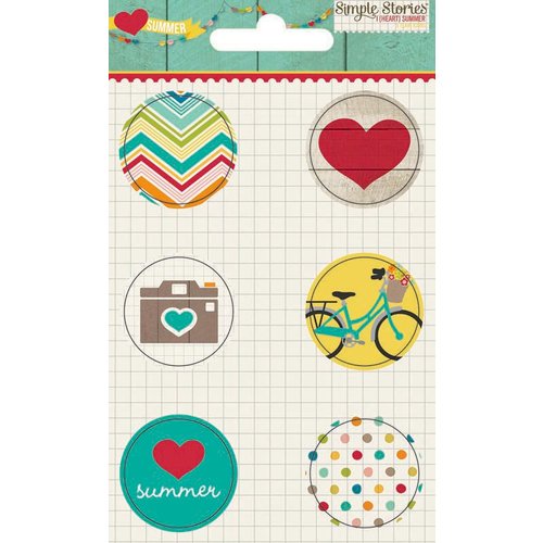 Simple Stories - I Heart Summer Collection - Flair - 6 Adhesive Badges - Icons